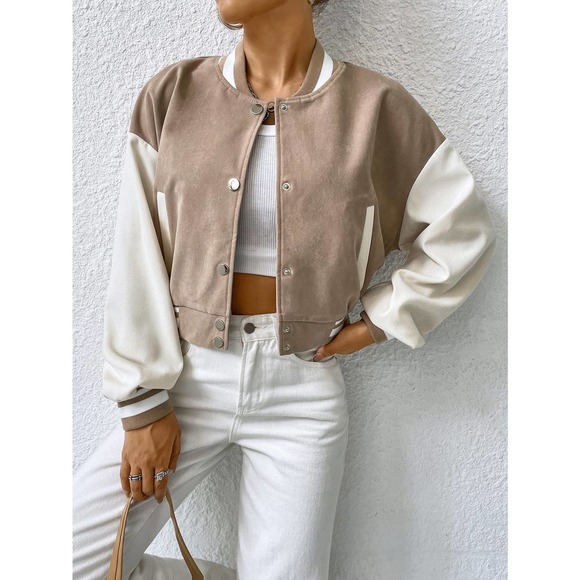 Striped Trim Color Block Varsity Bomber Jacket tan white - Picture 3 of 6